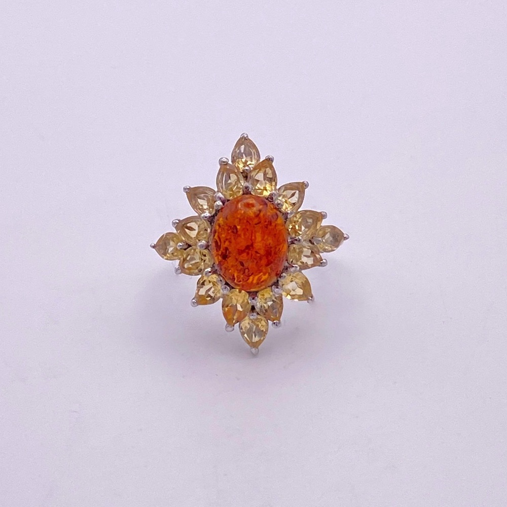Genuine Baltic Amber and Citrine Floral Ring; 925 Sterling Silver; Size 7 - Picture 1 of 5